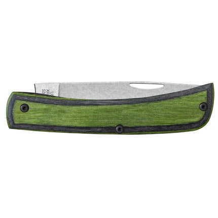 Case Crossroads XR Sod Buster Jr knife with green Dymalux wood scales and stonewashed S35VN blade.