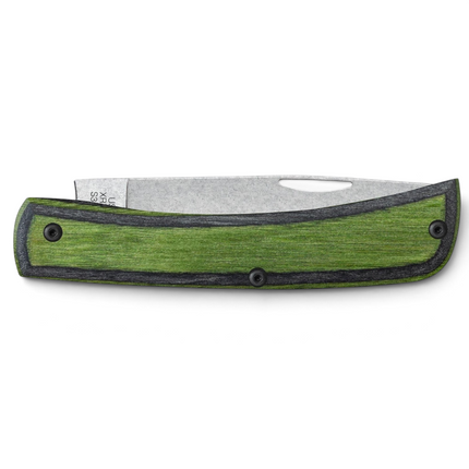 Case Crossroads XR Sod Buster Jr knife with green Dymalux wood scales and stonewashed S35VN blade.