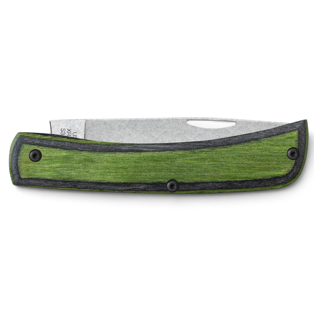 Case Crossroads XR Sod Buster Jr knife with green Dymalux wood scales and stonewashed S35VN blade.
