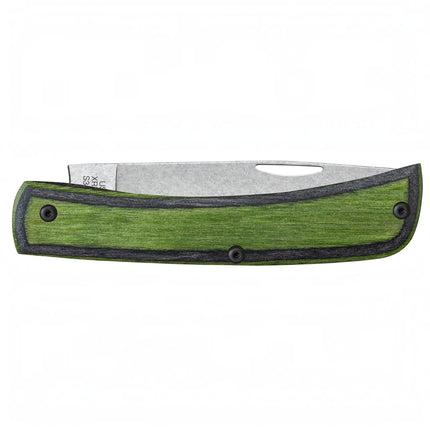 Case Crossroads XR Sod Buster Jr folding knife with Green Hornet DymaLux wood handle and stonewashed S35VN blade.