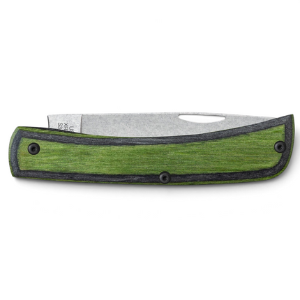 Case Crossroads XR Sod Buster Jr folding knife with Green Hornet DymaLux wood handle and stonewashed S35VN blade.