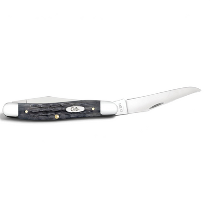 Razor Sharp AZ Case Crandall Jig Pocket Worn gray bone muskrat knife with one mirror-polished clip blade extended