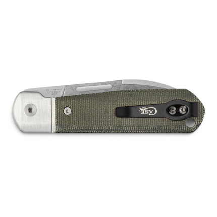 Razor Sharp AZ Case Highbanks folding knife with OD green canvas Micarta handle and black deep carry pocket clip