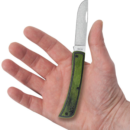 Case Crossroads XR Sod Buster Jr knife with green DymaLux wood handle and stonewashed S35VN blade.