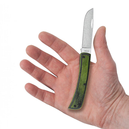 Case Crossroads XR Sod Buster Jr knife with green DymaLux wood handle and stonewashed S35VN blade.