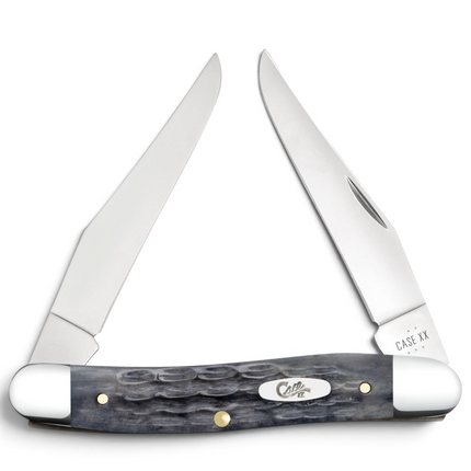 Razor Sharp AZ Case Crandall Jig Pocket Worn Gray Bone Muskrat knife with two mirror-polished clip blades and bolsters.