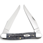 Razor Sharp AZ Case Crandall Jig Pocket Worn Gray Bone Muskrat knife with two mirror-polished clip blades and bolsters.