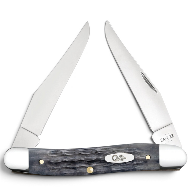 Razor Sharp AZ Case Crandall Jig Pocket Worn Gray Bone Muskrat knife with two mirror-polished clip blades and bolsters.