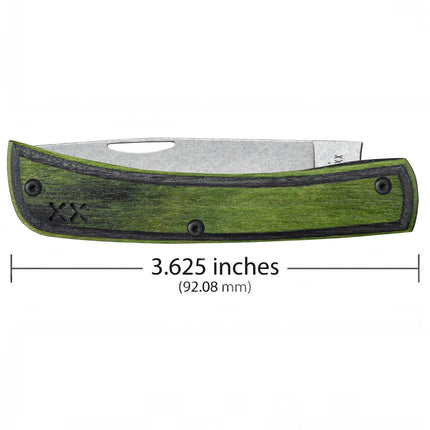 Case Crossroads XR Sod Buster Jr knife with Green Hornet DymaLux wood handle and stonewashed S35VN blade.