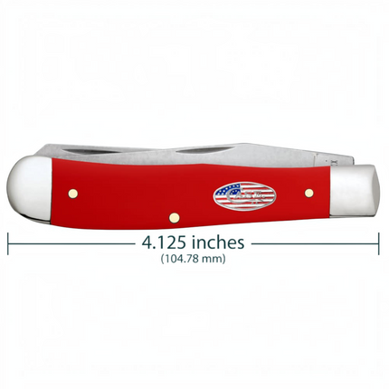 Razor Sharp AZ Case American Workman trapper knife with a smooth red synthetic handle and stars and stripes shield.