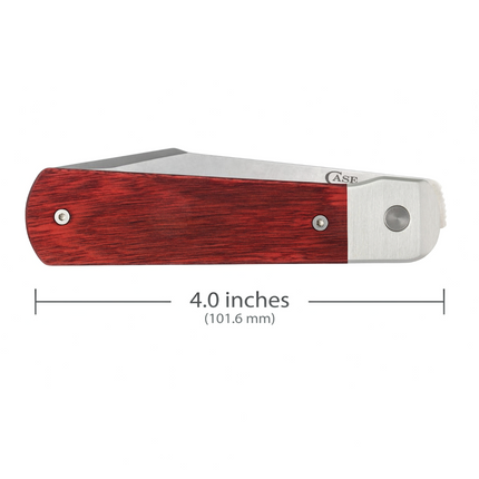 Razor Sharp AZ Case Longhouse folding knife with a red Dymalux rosewood handle and aluminum bolster, closed view.