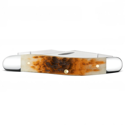 Razor Sharp AZ Case Muskrat pocket knife with amber bone handle, peach seed jig texture, and polished steel blades.