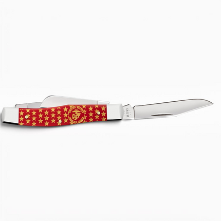 Razor Sharp AZ Case USMC Medium Stockman pocket knife with a red synthetic handle featuring gold stars and emblem.