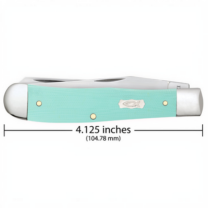 Razor Sharp AZ Case Trapper knife with smooth seafoam green G-10 handle and Ichthus shield, closed view.