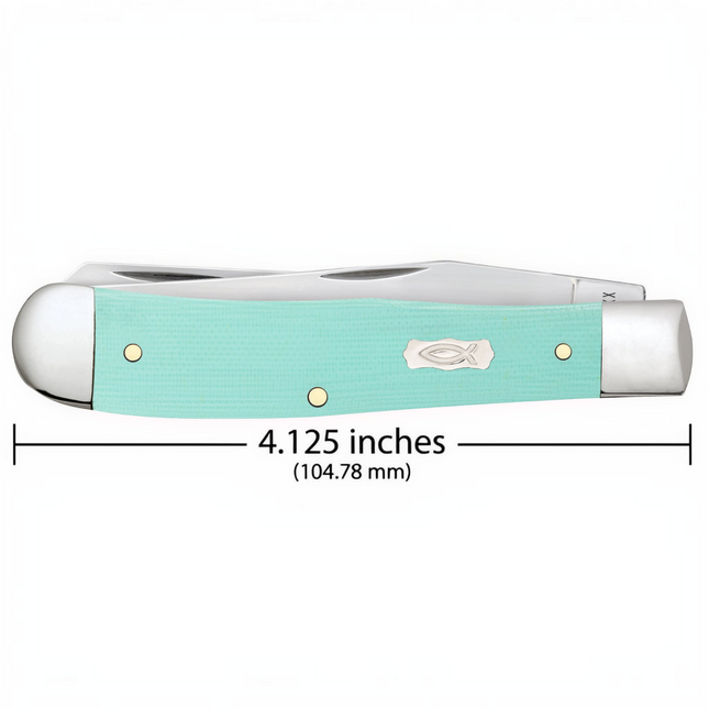 Razor Sharp AZ Case Trapper knife with smooth seafoam green G-10 handle and Ichthus shield, closed view.