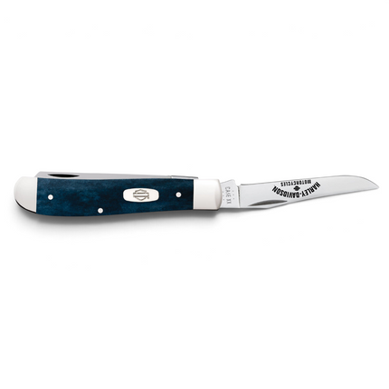 Razor Sharp AZ Case Harley-Davidson mini trapper knife with smooth Mediterranean blue bone handle and steel blades
