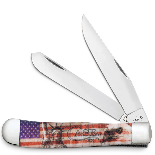 Razor Sharp AZ Case Patriotic Trapper knife with Statue of Liberty handle, two polished steel blades, and USA flag.