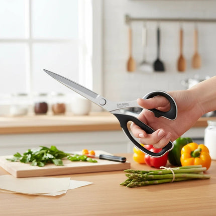 Razor Sharp AZ 10" professional slim line shears with black ergonomic handles, made of high carbon stainless steel.
