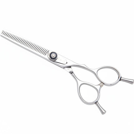 Razor Sharp AZ 6-inch 33-tooth thinner shears made of Japanese Hitachi V-10 stainless steel with offset finger hole and adjustable dial.