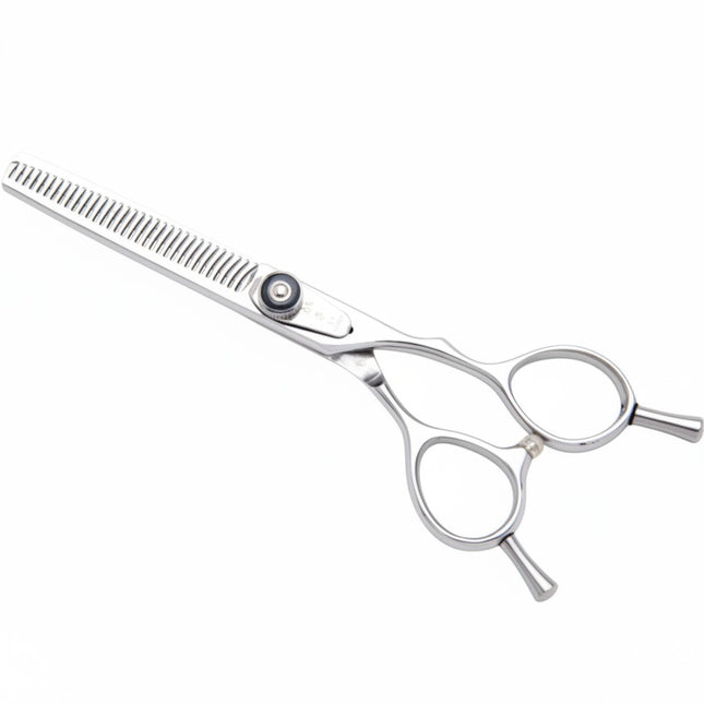 Razor Sharp AZ 6-inch 33-tooth thinner shears made of Japanese Hitachi V-10 stainless steel with offset finger hole and adjustable dial.