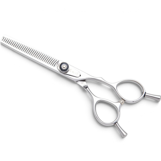 Razor Sharp AZ 6-inch 33-tooth thinner shears made of Japanese Hitachi V-10 stainless steel with offset finger hole and adjustable dial.