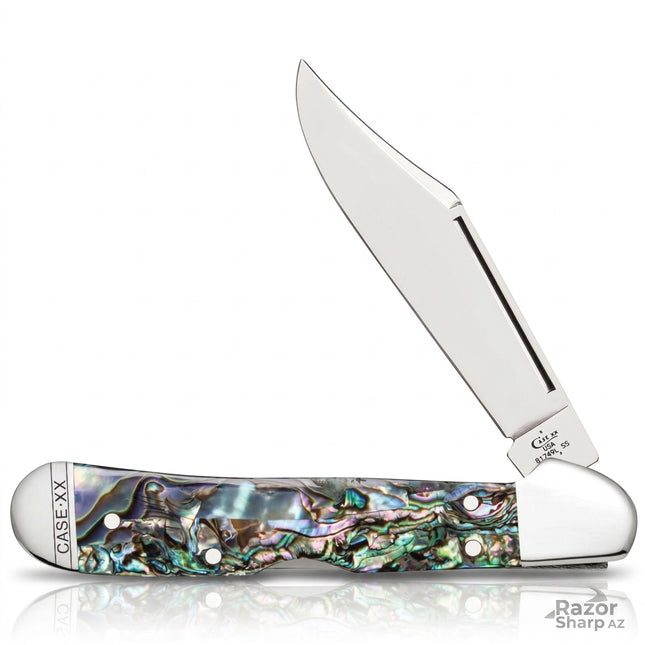 Razor Sharp AZ Case Mini CopperLock pocket knife with iridescent abalone handle and mirror-polished stainless blade