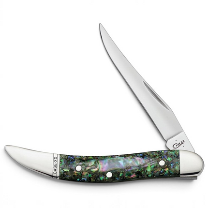 Razor Sharp AZ Case Small Texas Toothpick knife with iridescent abalone handle and mirror-polished stainless steel blade