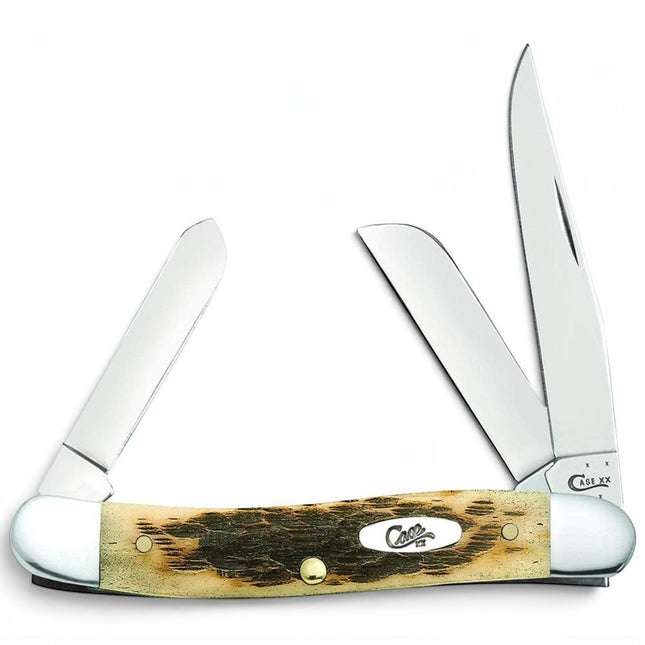Razor Sharp AZ Case Peach Seed Jig Amber Bone Medium Stockman pocket knife with three mirror-polished carbon steel blades