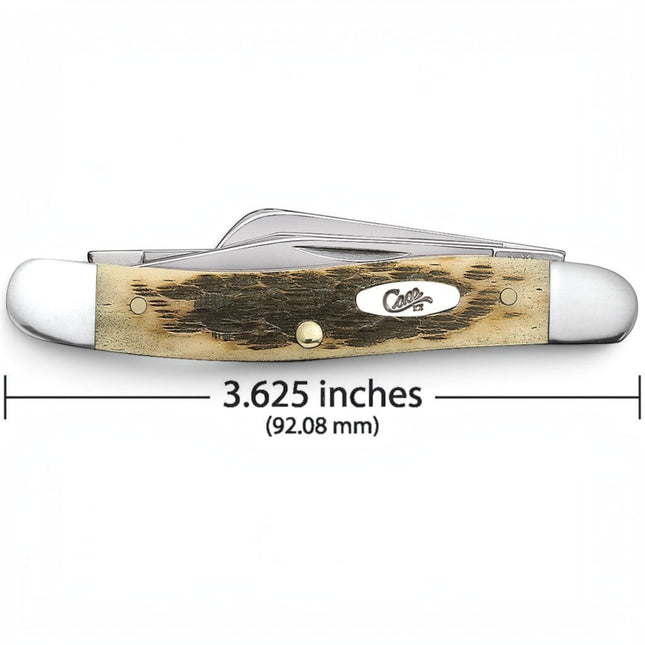 Razor Sharp AZ Case Peach Seed Jig Amber Bone Medium Stockman pocket knife with three mirror-polished steel blades.