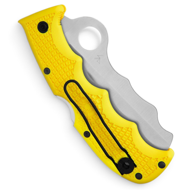 Razor Sharp AZ Assist Salt rescue knife with a bright yellow FRN handle, H-2 steel blade, and black pocket clip.