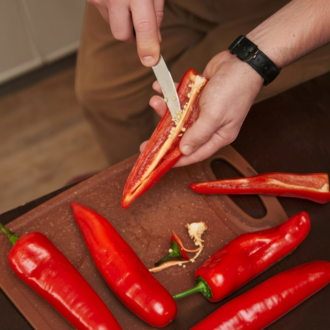 Razor Sharp AZ blade sharpening service: person slicing a red pepper with a knife.