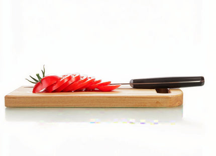 Razor Sharp AZ blade sharpening service: sliced tomato on wooden cutting board with knife