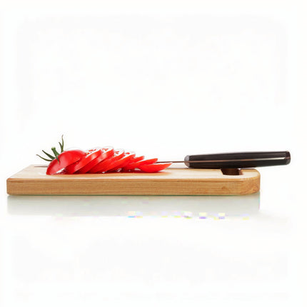 Razor Sharp AZ blade sharpening service: sliced tomato on wooden cutting board with knife
