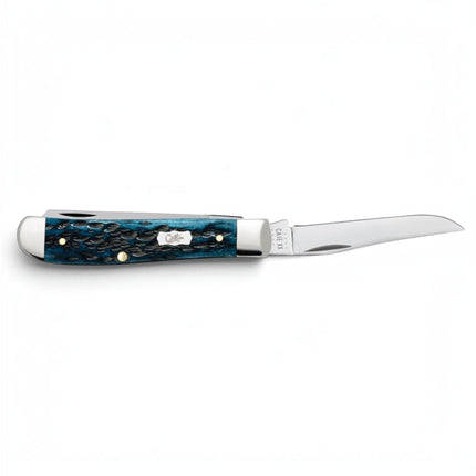 Razor Sharp AZ Case Pocket Worn Mediterranean Blue bone mini trapper knife with peach seed jigging and polished blades