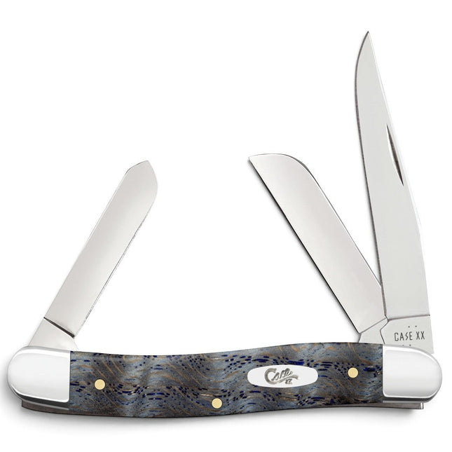 Razor Sharp AZ Case Medium Stockman knife with blue curly oak handle and three polished stainless steel blades