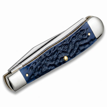 Razor Sharp AZ Case XX Masonic Trapper folding knife with a blue jigged bone handle and polished stainless steel