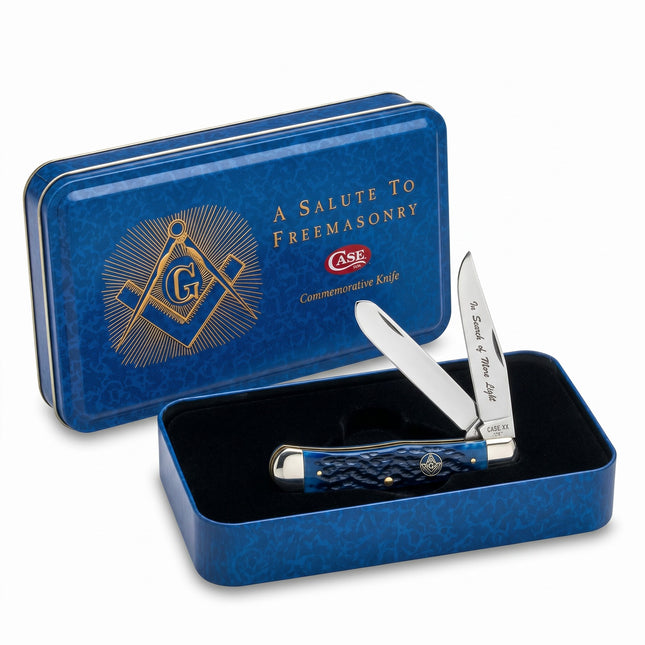 Razor Sharp AZ Case XX blue jigged bone Masonic trapper folding knife with two blades in a commemorative display tin.