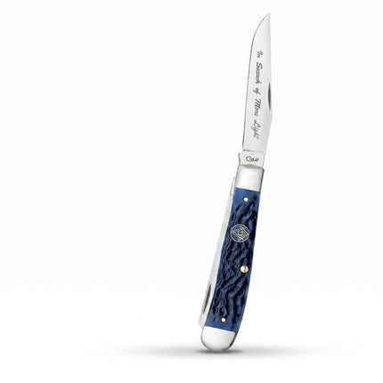Razor Sharp AZ Case XX Masonic Trapper knife with blue jigged bone handle and engraved stainless steel clip blade