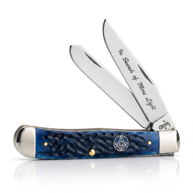 Razor Sharp AZ Case XX blue jigged bone Masonic trapper folding knife with two polished stainless steel blades