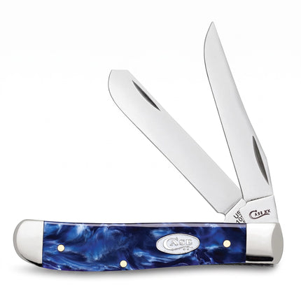 Razor Sharp AZ Case Mini Trapper pocket knife with blue pearl Kirinite handle and two polished stainless steel blades