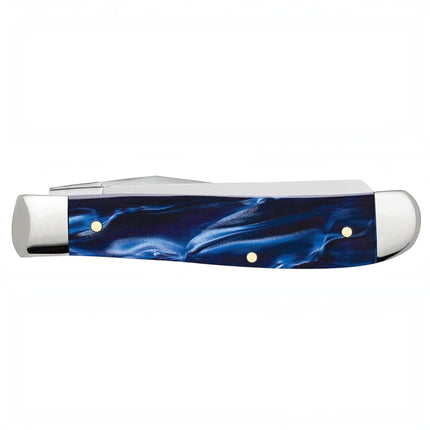 Razor Sharp AZ Case Mini Trapper pocket knife with a blue pearl Kirinite handle and polished stainless steel bolsters.