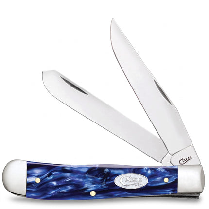 Razor Sharp AZ Case Trapper pocket knife with smooth blue pearl Kirinite handle and two polished stainless steel blades