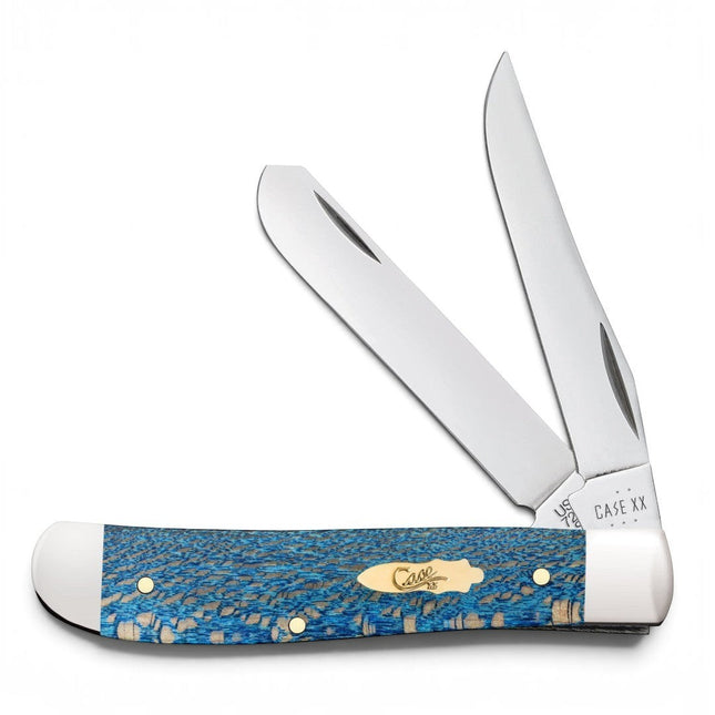 Razor Sharp AZ Case Mini Trapper folding knife with blue sycamore wood handle, nickel silver bolsters, and two blades.