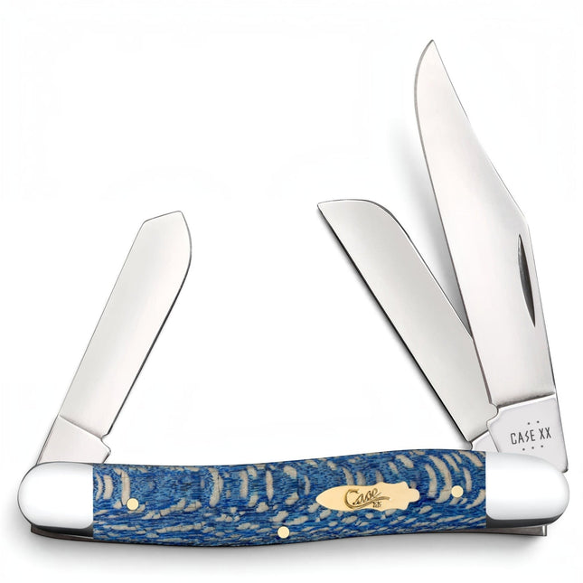 Razor Sharp AZ Case Stockman pocket knife with a blue sycamore wood handle, brass arrowhead shield, and three blades.