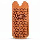 Razor Sharp AZ brown leather knife slip with embossed herringbone pattern and Case logo for medium pocket knives.