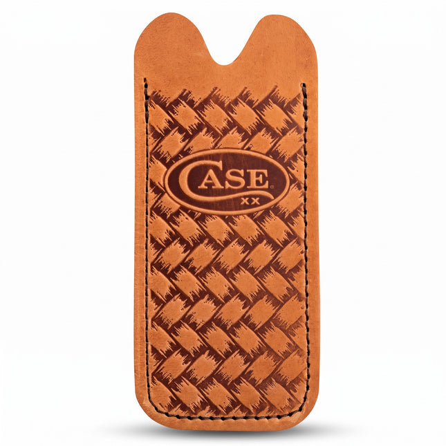 Razor Sharp AZ brown leather knife slip with embossed herringbone pattern and Case logo for medium pocket knives.