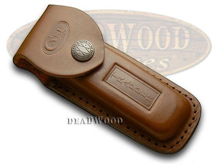 Razor Sharp AZ brown leather Trapper knife sheath with embossed logo and snap button closure