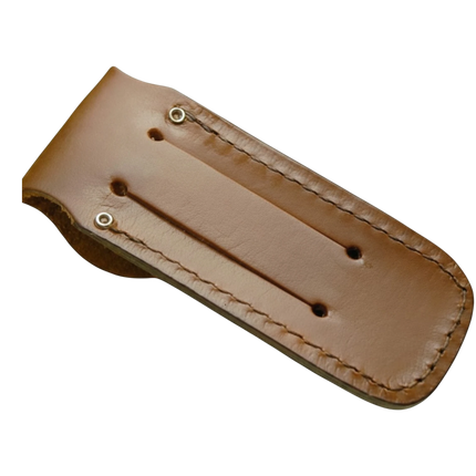Razor Sharp AZ brown leather trapper knife sheath with reinforced stitching for secure folding knife storage.