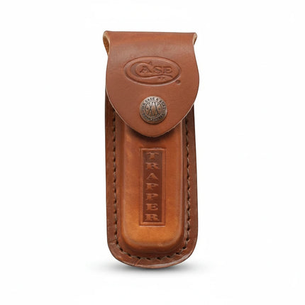Razor Sharp AZ brown leather Trapper knife sheath with embossed logo and snap button closure