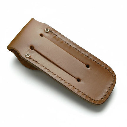 Razor Sharp AZ brown leather sheath for Trapper folding knives with reinforced stitching and belt loop slots.